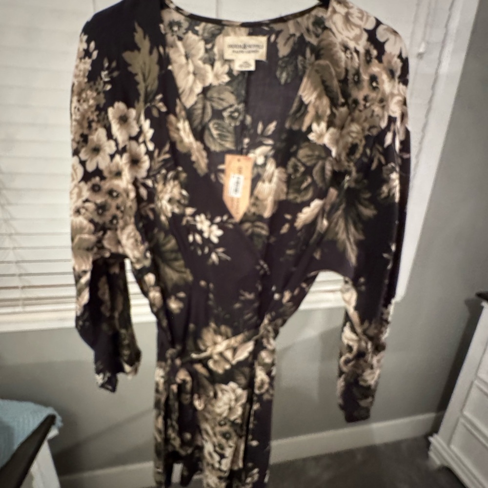 Ralph Lauren Black Floral Mock Wrap Dress with Beige and Olive Blooms